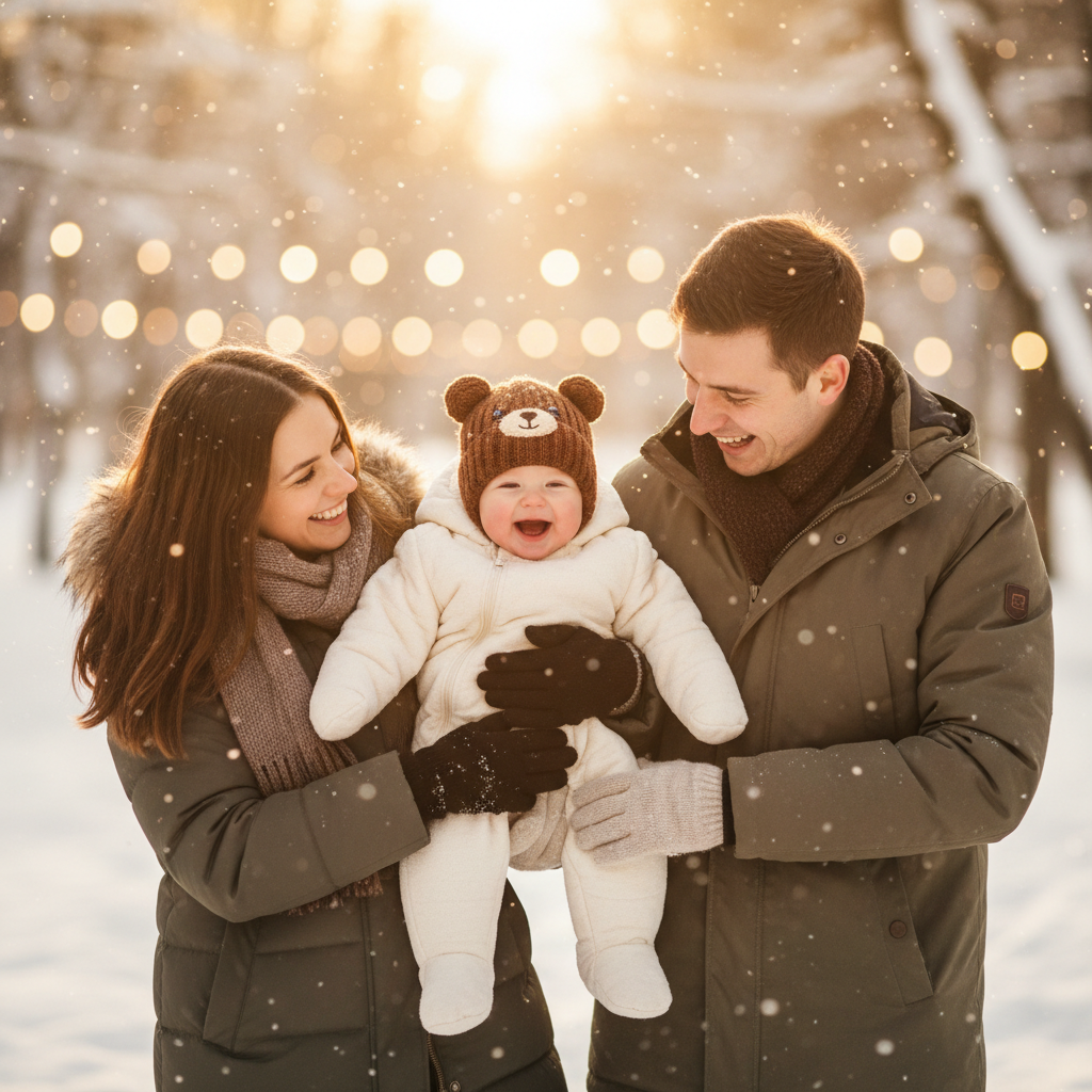 Bébé avec bonnet - famille en hiver