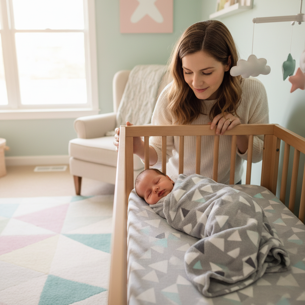 couverture bebe gris triangles bebe endormi chambre pastel maman veille
