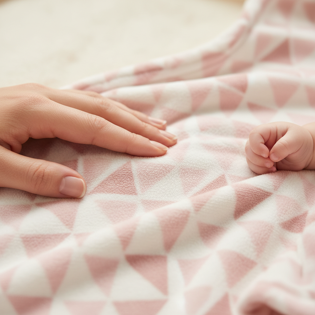 couverture bebe gros plan polaire triangles rose main maman bebe