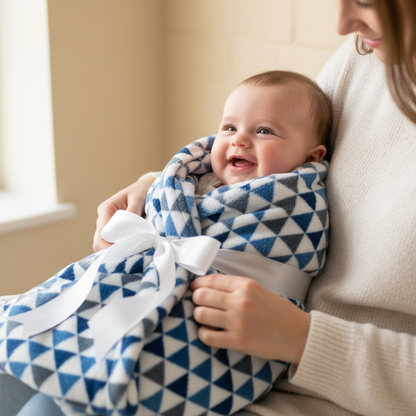 couverture bebe polaire triangles bleu gris maman bebe noeud ruban fond creme