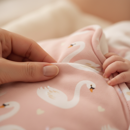 gigoteuse bebe gros plan tissu coton cygnes main maman bebe