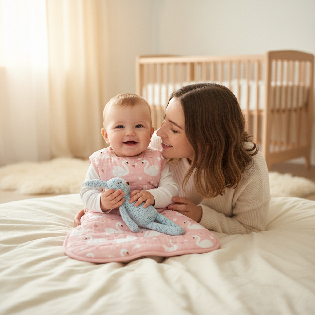 gigoteuse sans manches bebe coton motif cygnes rose maman bebe assis