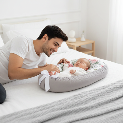 Réducteur de lit bébé gris motif roses - bébé endormi