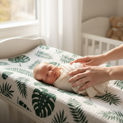 housse matelas langer mousseline coton motif feuilles vertes gros plan maman bebe
