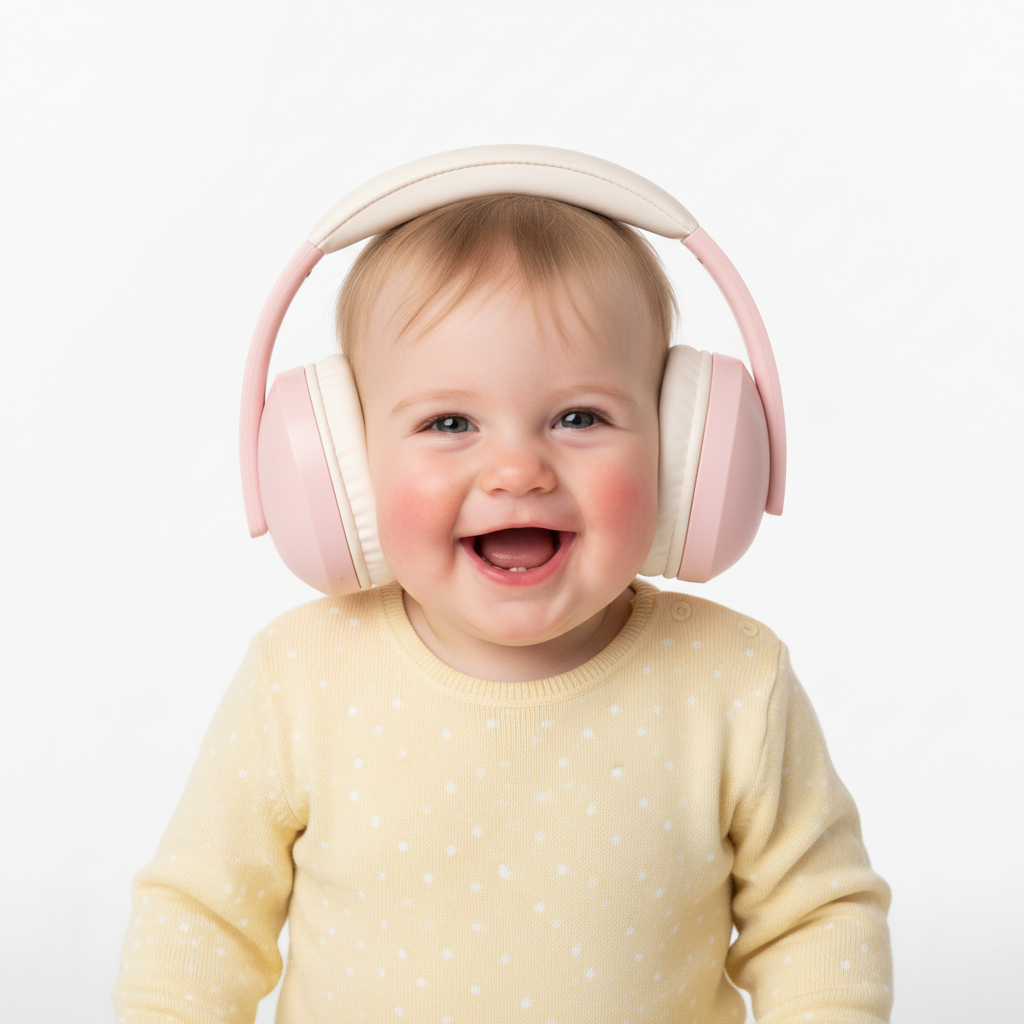 Casque anti bruit bébé rose fond blanc protection auditive enfant