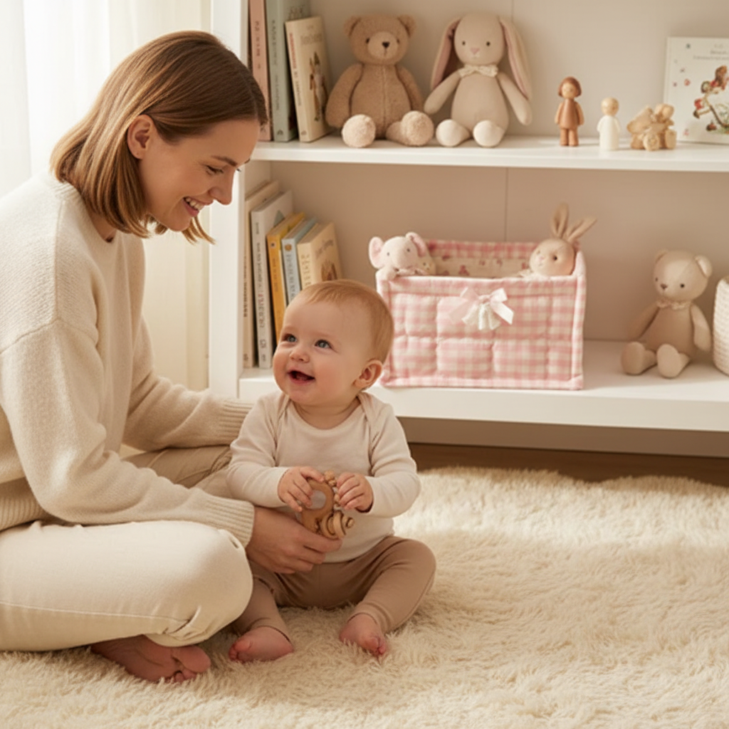Maman et bébé avec panier matelassé rose sur étagère nursery
