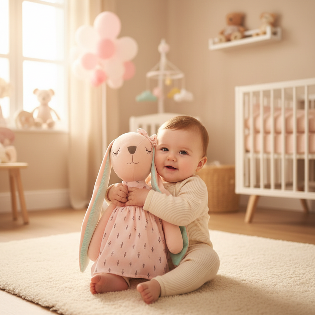 Bébé serrant dans ses bras la peluche lapin rose à longues oreilles