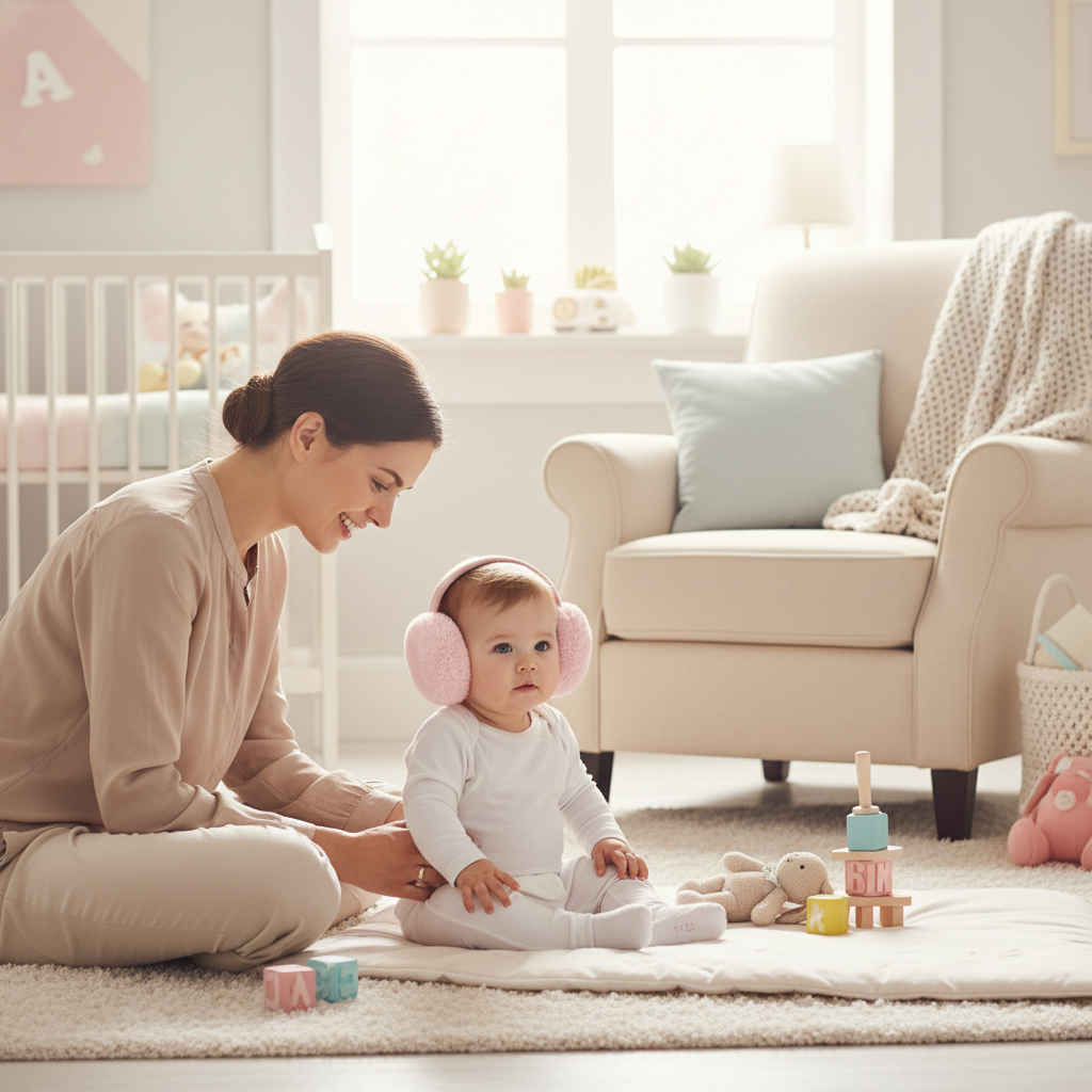 Maman souriante avec bébé portant casque anti bruit rose nursery