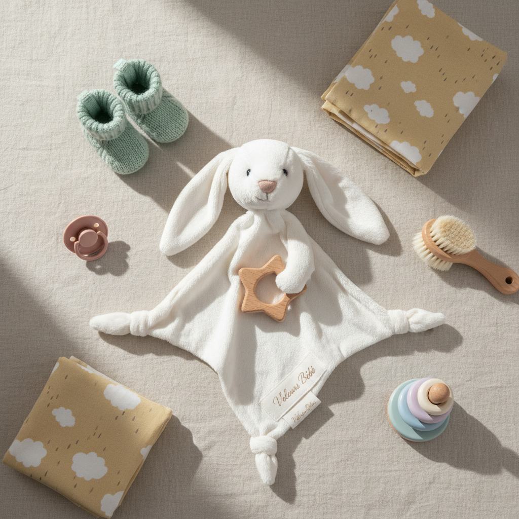 Flat lay doudou lapin blanc avec anneau dentition étoile sur fond beige