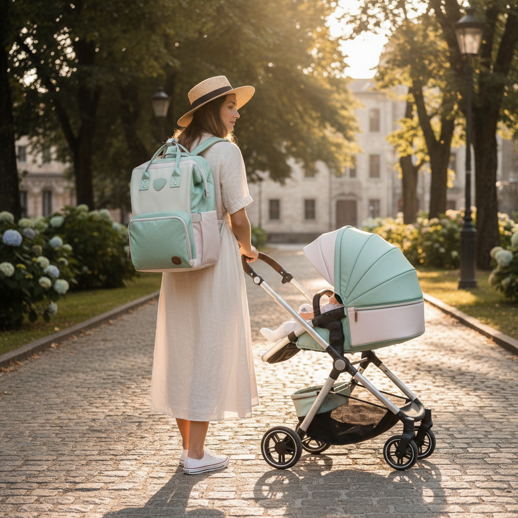 Maman avec sac à langer en balade