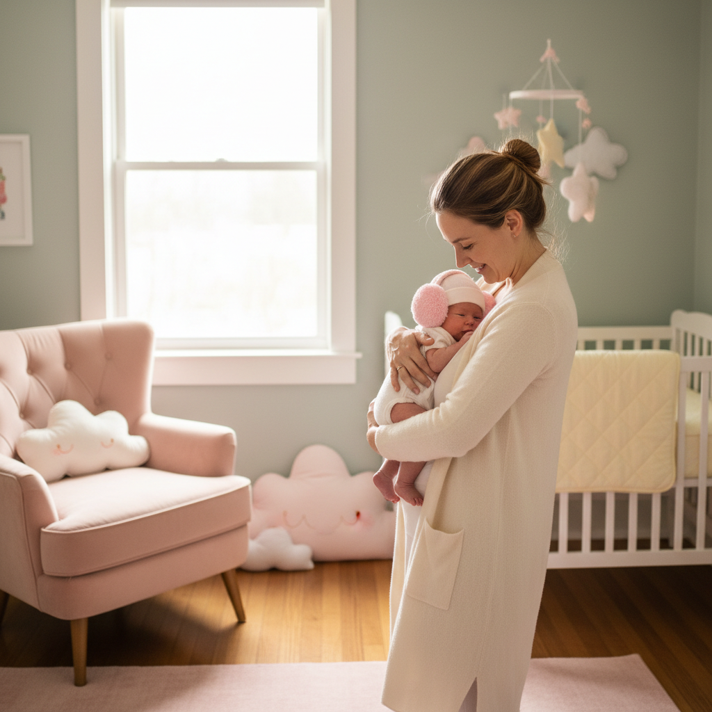 Maman tenant bébé avec casque anti bruit rose chambre pastel