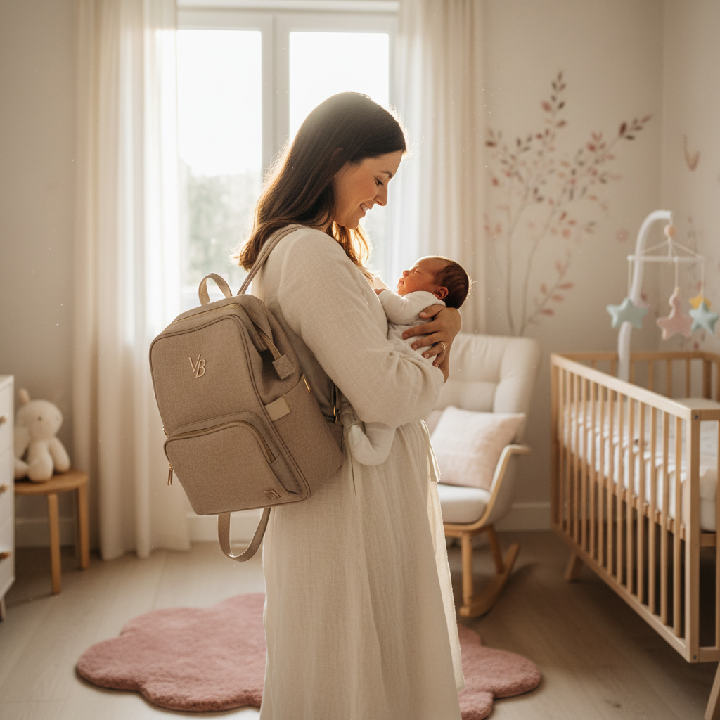 Maman portant le sac à langer à dos beige avec son bébé