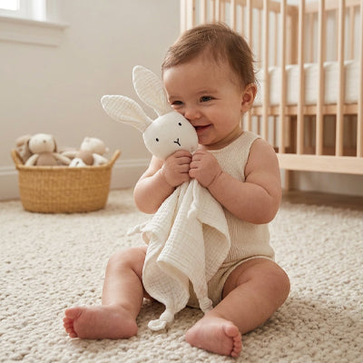 Doudou lapin rose poudré cadeau naissance bébé — Velours Bébé