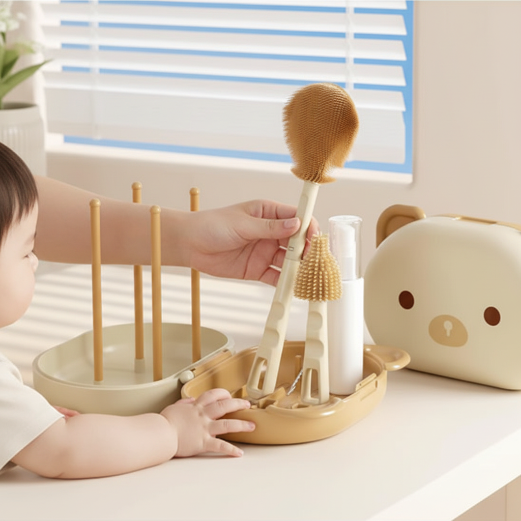 ensemble brosses biberon tetine paille surface blanche maman bebe