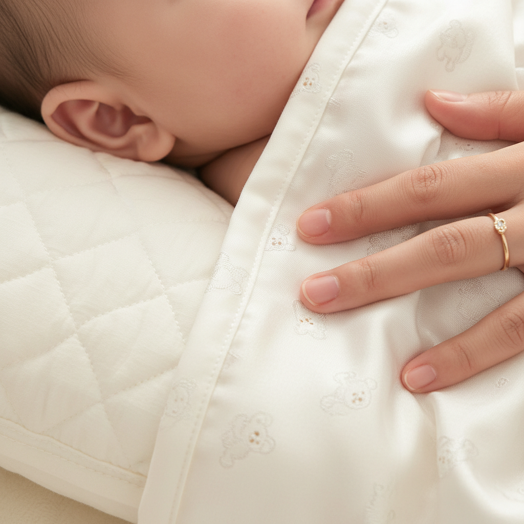 oreiller bebe gros plan soie glacee motif ours joue bebe main maman