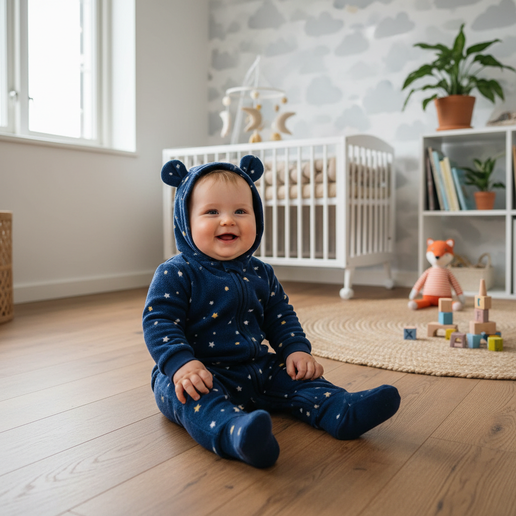 Combinaison bebe flanelle ourson etoile bleu marine bebe assis decor scandinave