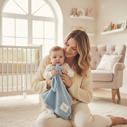 Maman et bébé avec doudou lapin bleu anneau dentition étoile