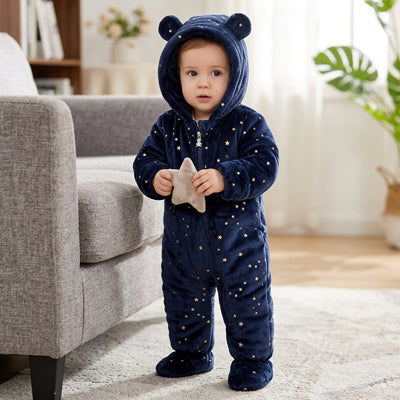 Combinaison bebe flanelle ourson etoile bleu marine debout tapis blanc