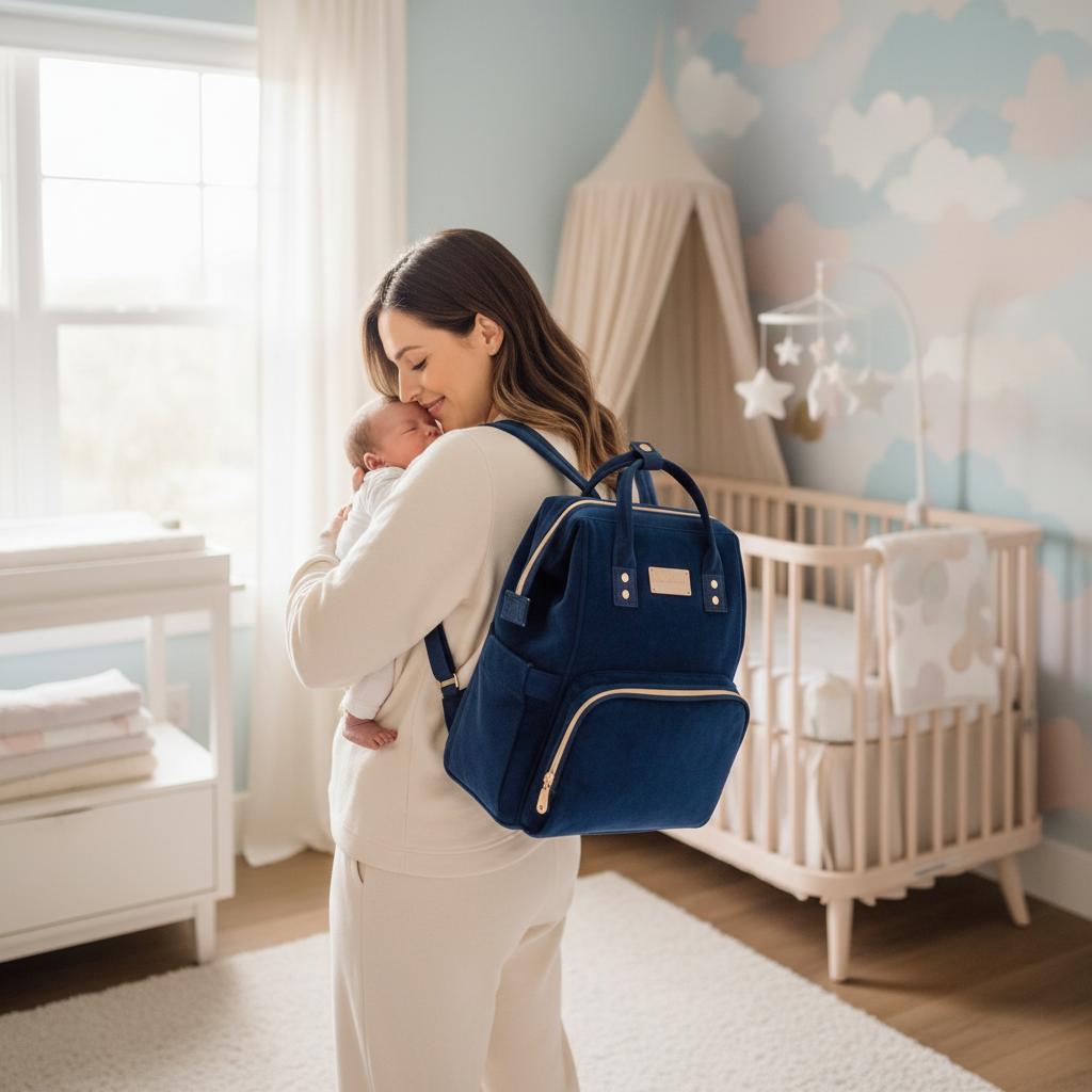 Maman portant le sac à langer à dos bleu avec son bébé