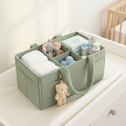 Panier rangement peluche vert sur table à langer avec essentiels bébé