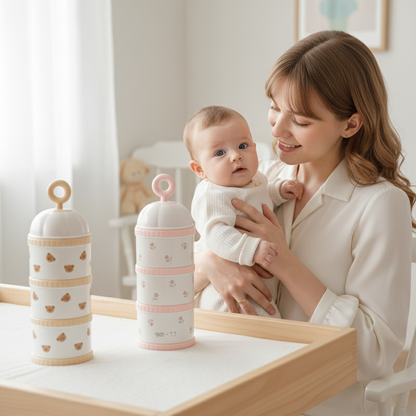 Maman souriante avec bébé et boîtes doseuses lait
