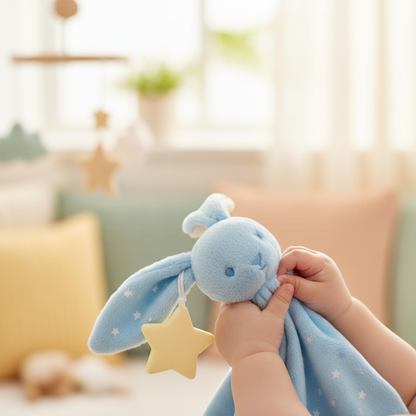 Mains de bébé tenant le doudou lapin bleu avec anneau dentition