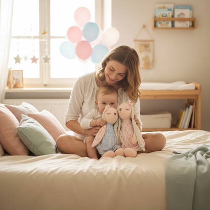 Maman et bébé avec les deux peluches lapins rose et bleu