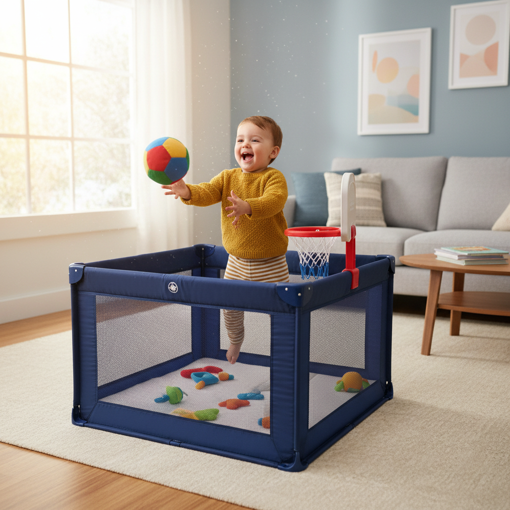 Parc bebe enfant joue panier basket balle colorée salon moderne