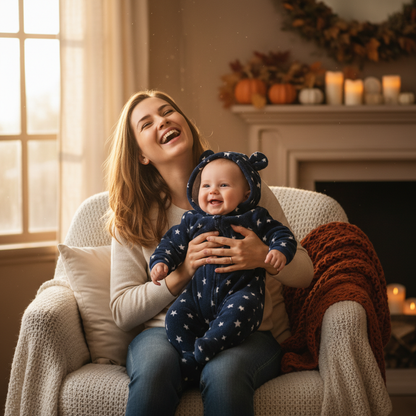 Maman et bebe combinaison ourson etoile flanelle hiver fauteuil