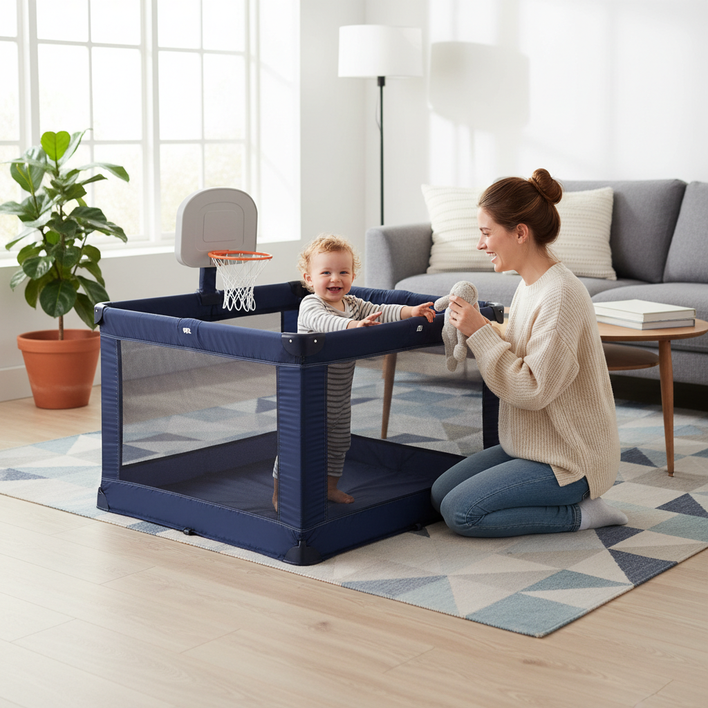 Parc bebe bleu marine maman et bebe salon scandinave lumineux
