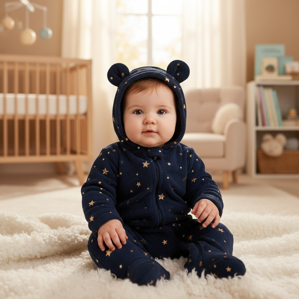Combinaison bebe flanelle ourson etoile bleu marine dore tapis blanc