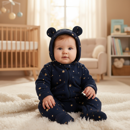 Combinaison bebe flanelle ourson etoile bleu marine dore tapis blanc