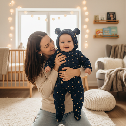 Maman et bebe combinaison ourson etoile bleu marine lumiere doree hiver