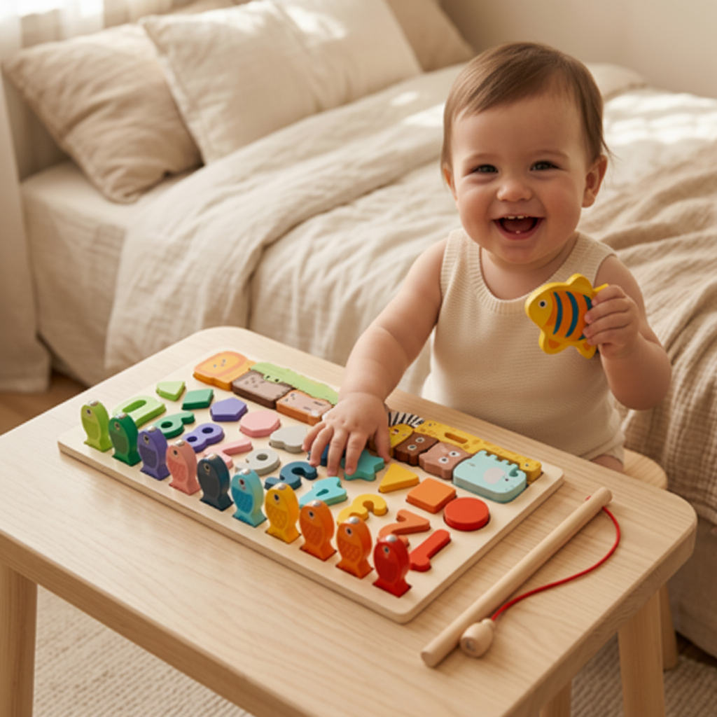 Puzzle bois Montessori bebe souriant piece coloree chambre
