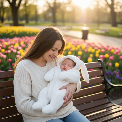 combinaison bebe peluche blanche lapin maman bebe parc fleuri lumiere doree