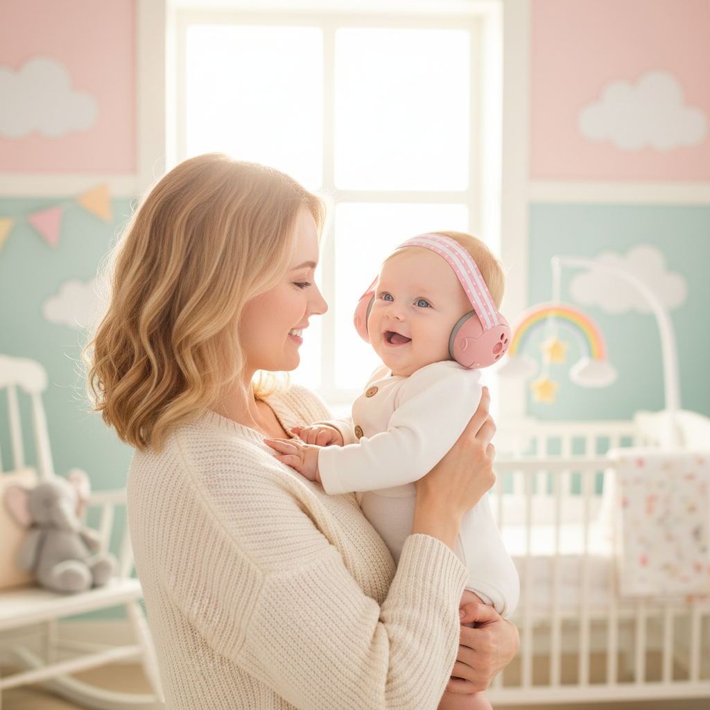 Maman et bébé souriant avec casque anti bruit rose protection auditive enfant