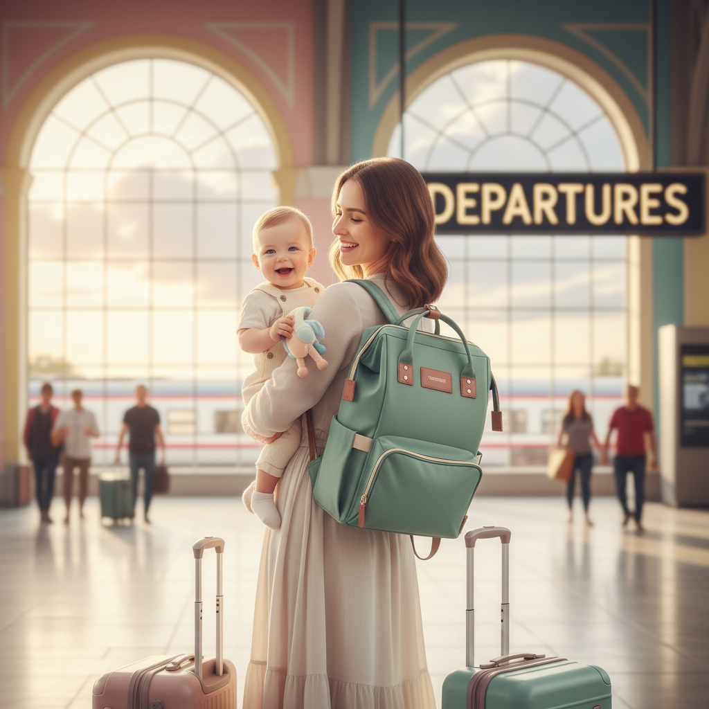 Maman et bébé en voyage avec le sac à langer
