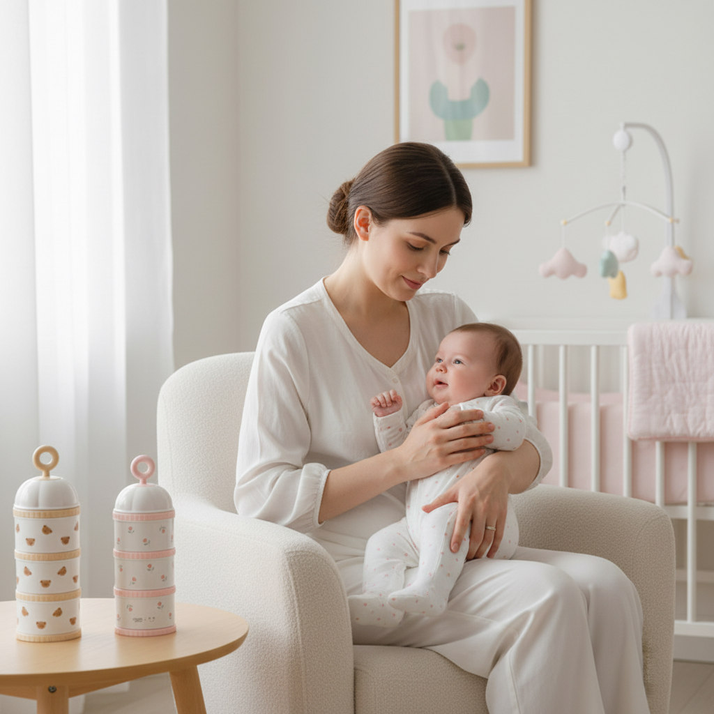 Maman et bébé avec les 3 boîtes doseuses Ours Lapin Tulipe