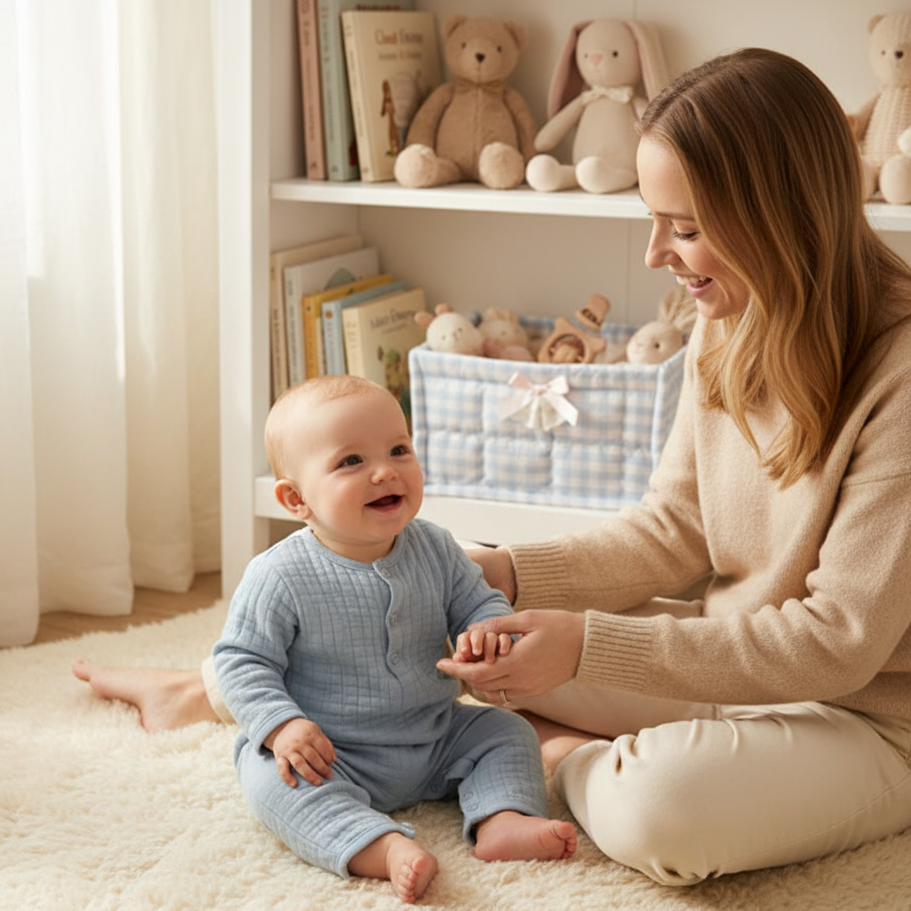 Maman et bébé avec les deux paniers matelassés rose et bleu côte à côte