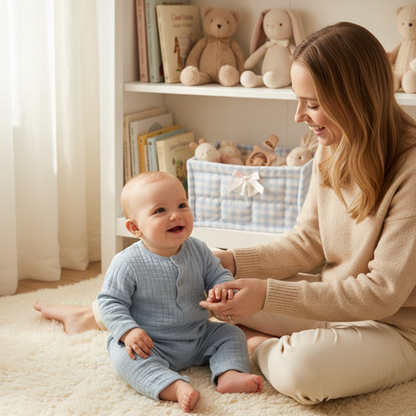 Maman et bébé avec les deux paniers matelassés rose et bleu côte à côte