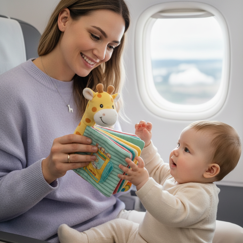 Maman et bébé en voyage avec le livre bébé en tissu girafe