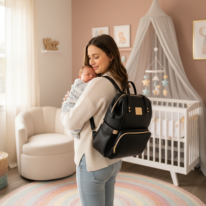 Maman portant le sac à langer à dos noir avec son bébé