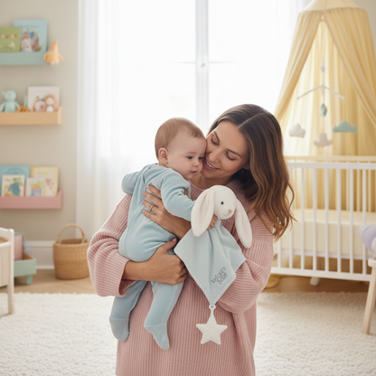 Maman et bébé avec doudou lapin blanc anneau dentition étoile