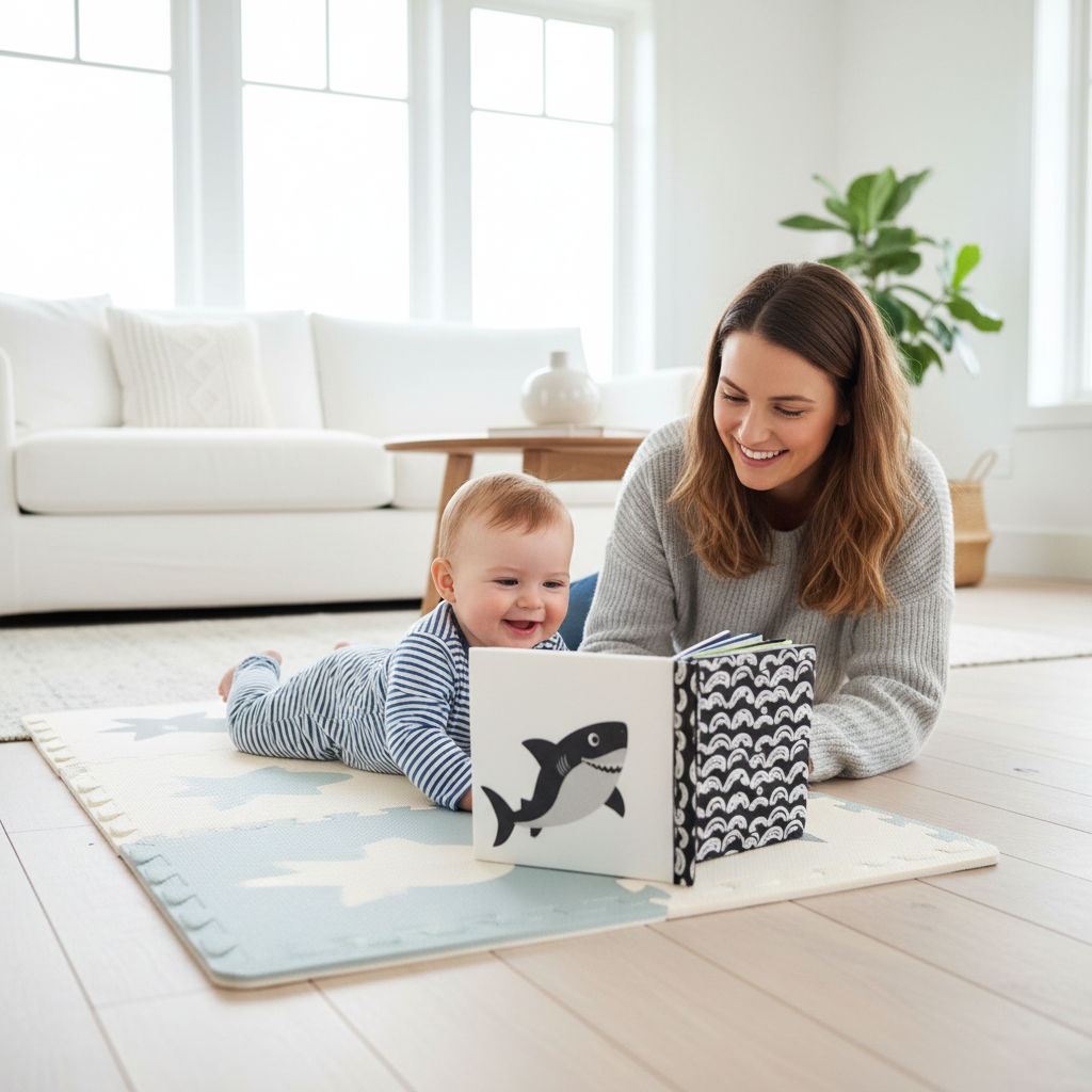 livre bebe tissu noir blanc requin bebe tummy time maman salon lumineux