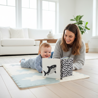 livre bebe tissu noir blanc requin bebe tummy time maman salon lumineux