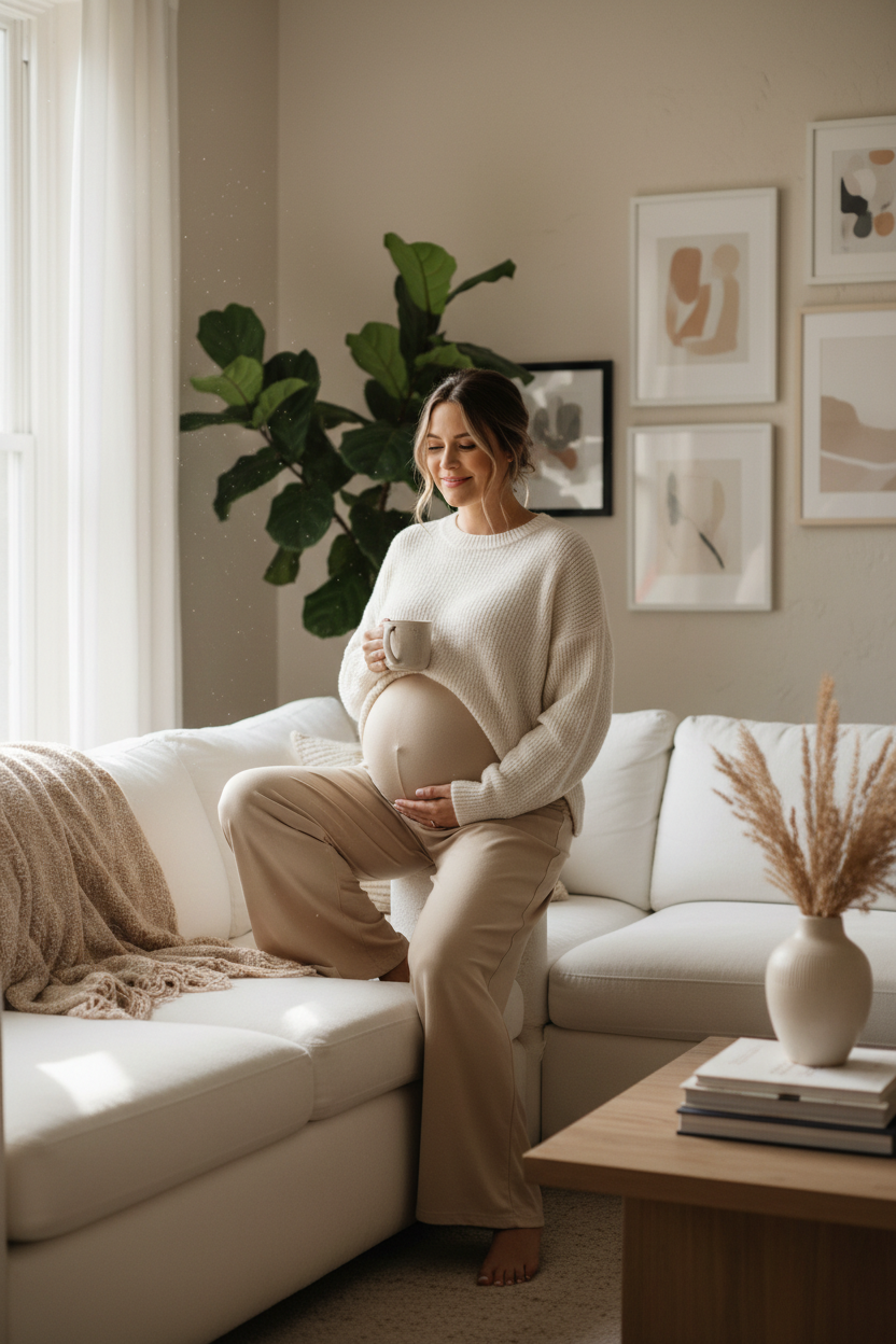 Pantalon grossesse beige femme enceinte canape blanc pull creme