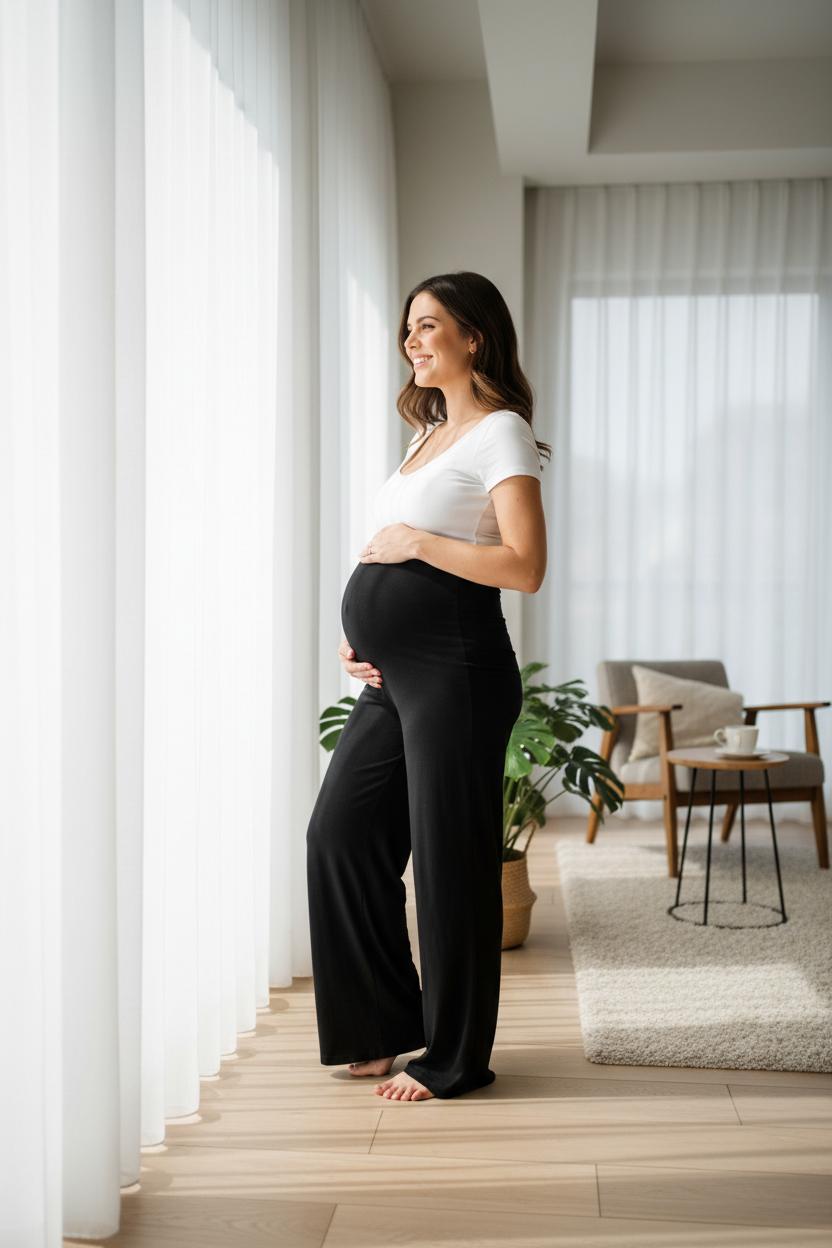 Pantalon grossesse noir femme enceinte mains sur ventre fenetre