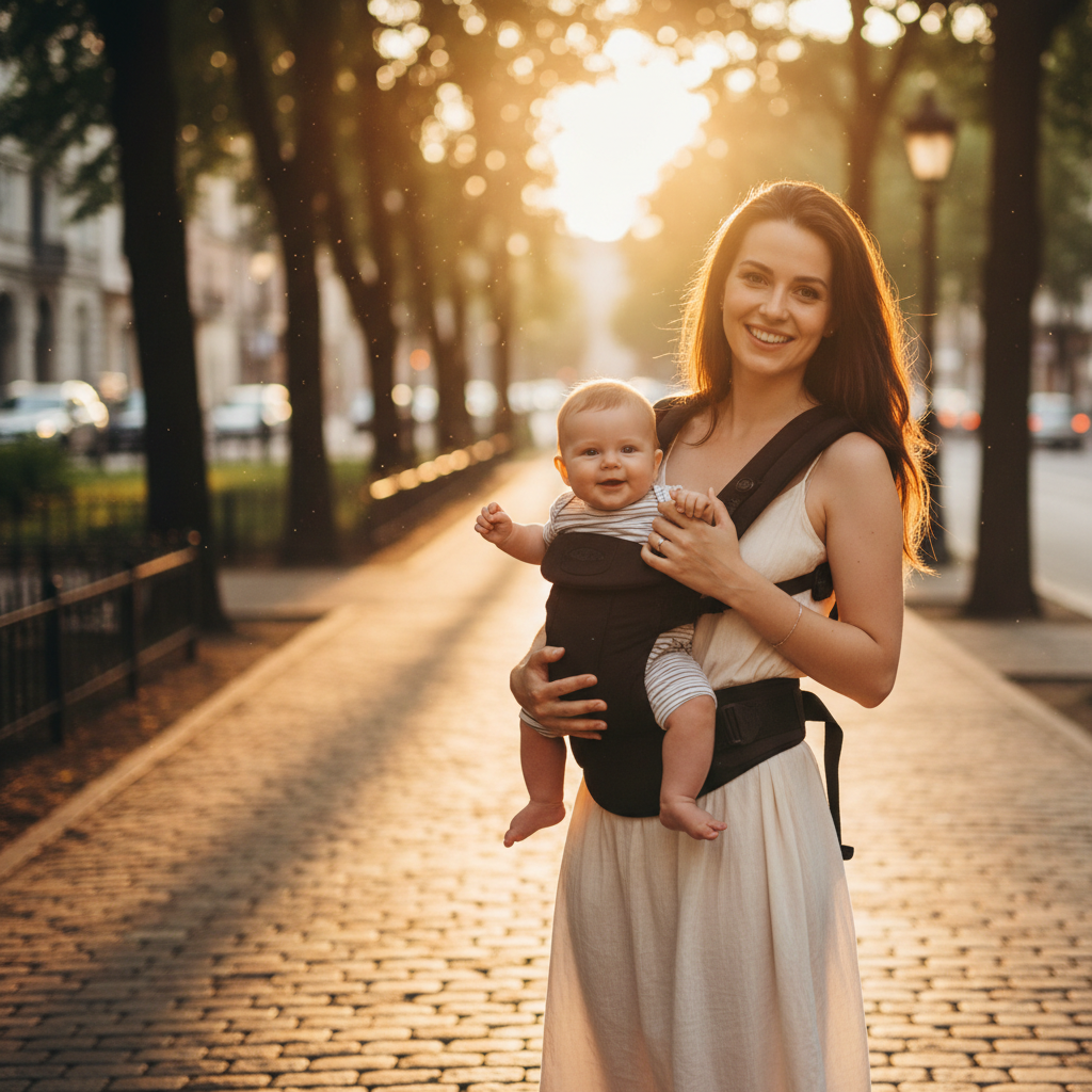 Porte bebe noir maman bebe balade ville lumiere doree