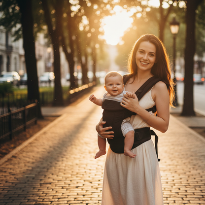 Porte bebe noir maman bebe balade ville lumiere doree