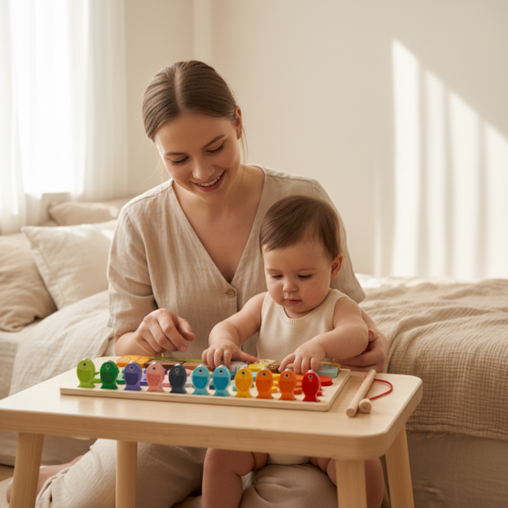 Puzzle bois Montessori maman et bebe fond blanc gros plan